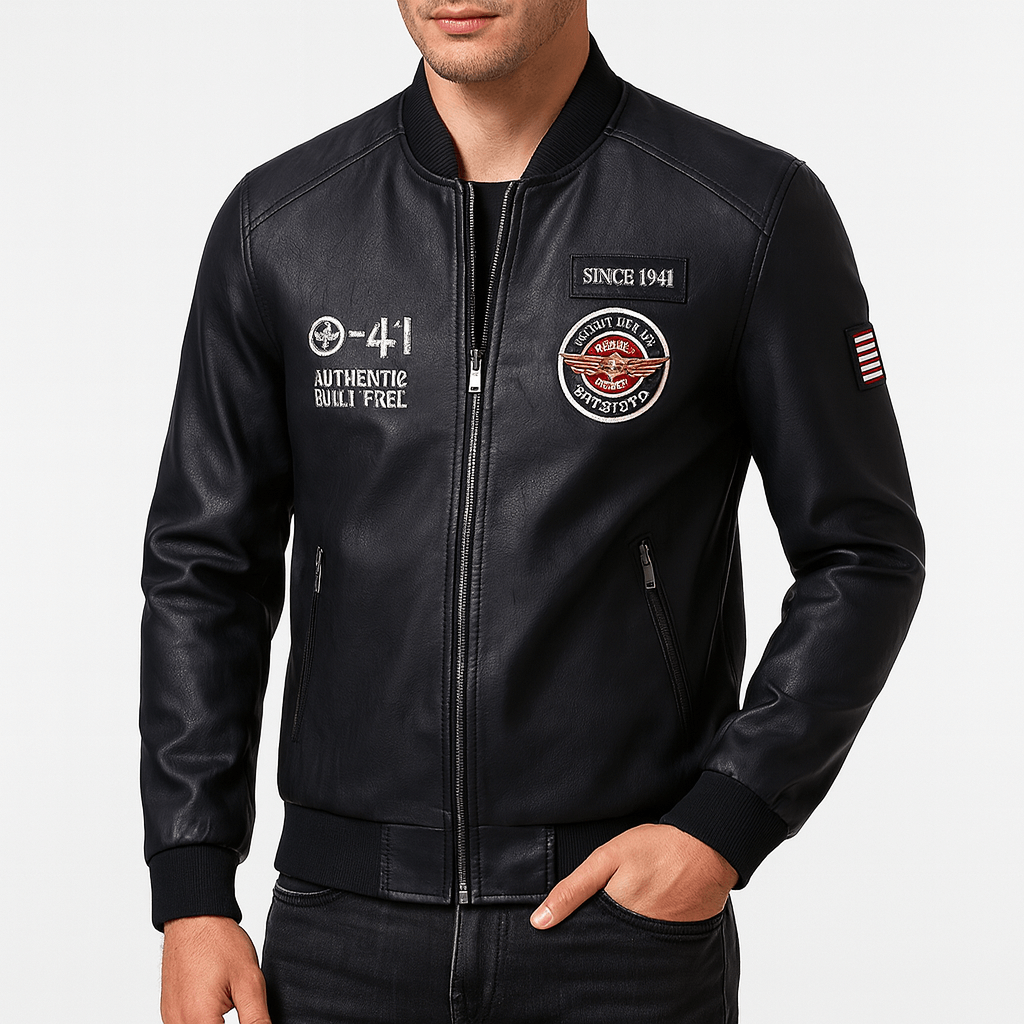 Mens Leather Jacket with Patch Detail