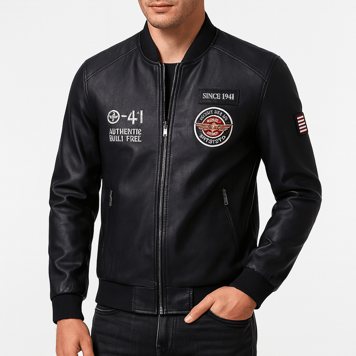 Mens Leather Jacket with Patch Detail