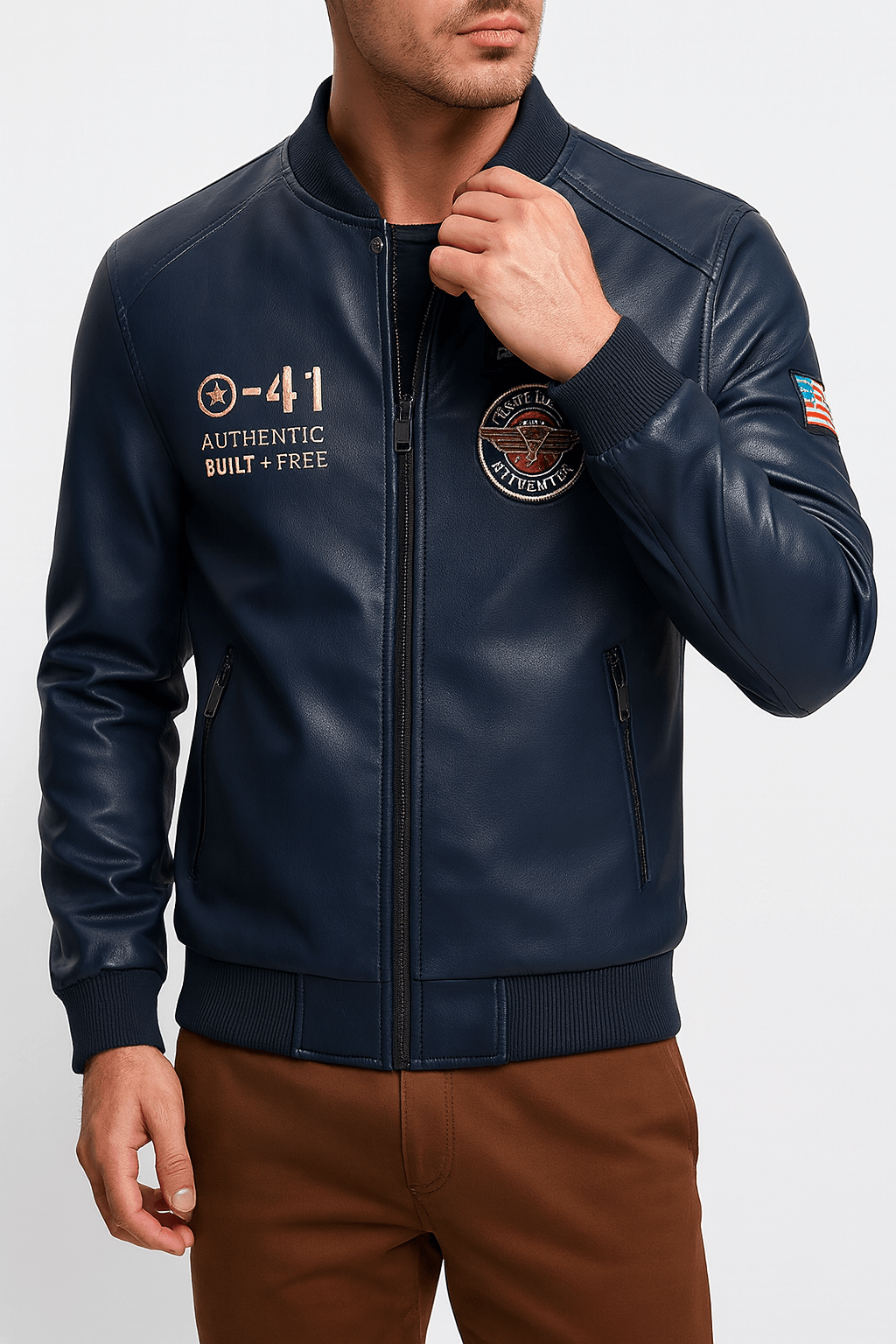 Mens Leather Jacket with Patch Detail