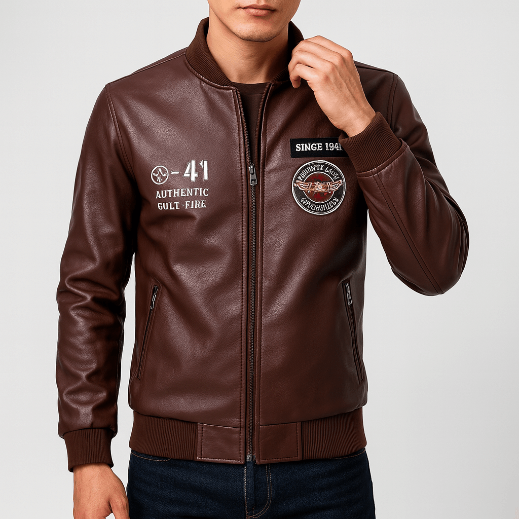 Mens Leather Jacket with Patch Detail