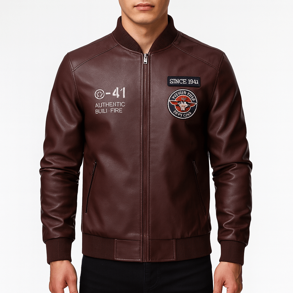 Mens Leather Jacket with Patch Detail