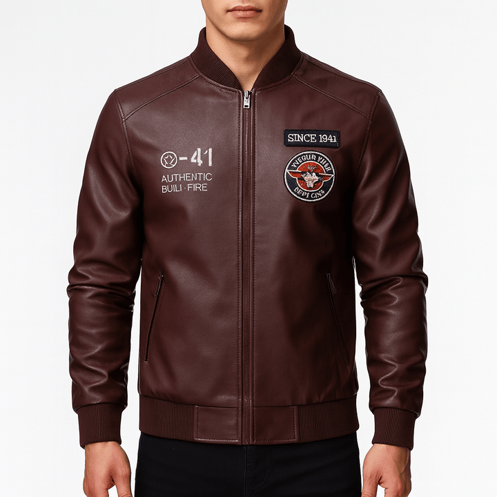 Mens Leather Jacket with Patch Detail