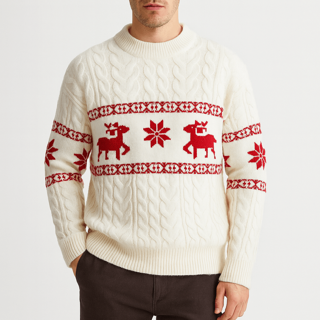 Mens Cashmere Knit Sweater Deer Pattern Classic Fit
