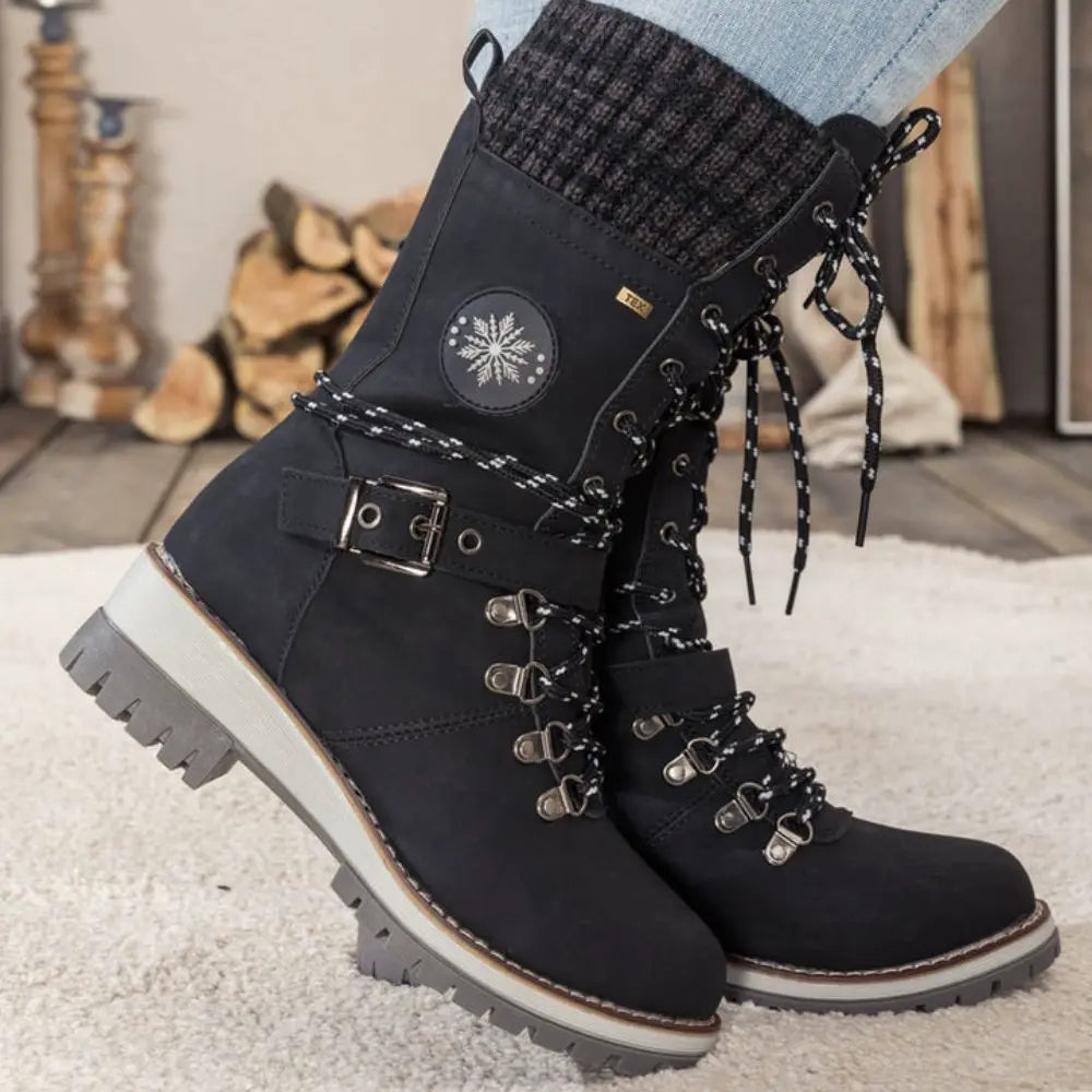 Womens Winter Lace-Up Boots with Knitted Cuff and Anti-Slip Sole