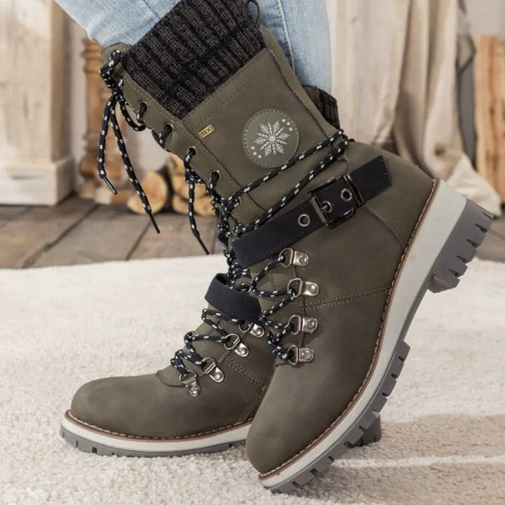 Womens Winter Lace-Up Boots with Knitted Cuff and Anti-Slip Sole