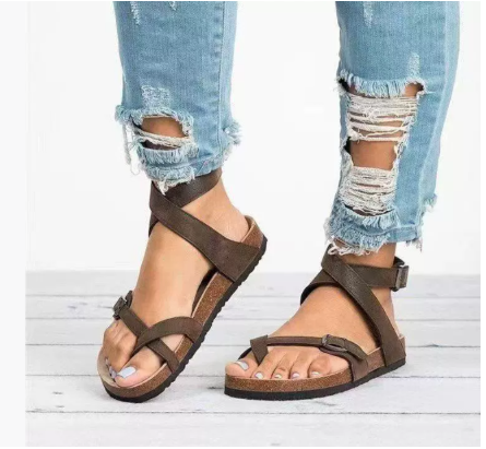 Womens Cork Sandals with Toe-Loop and Crossover Buckle - BritishMode