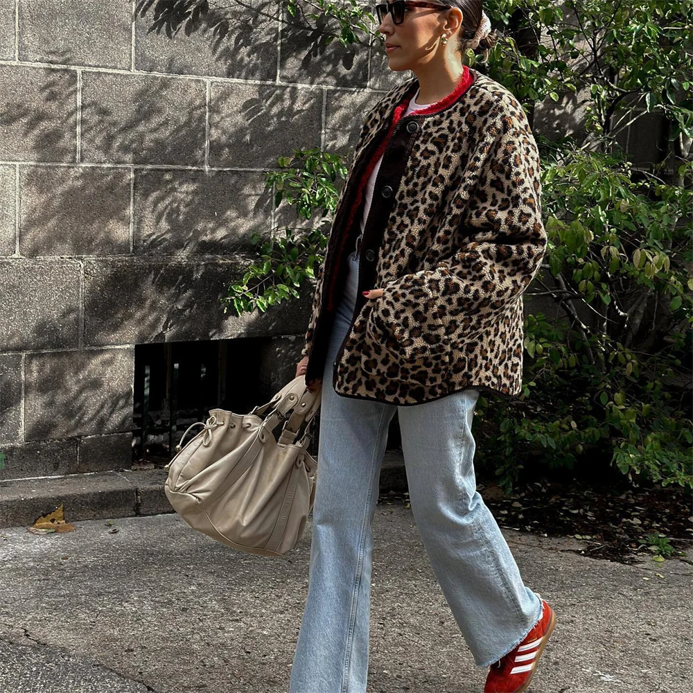 Womens Wool Jacket with O-Neck and Leopard Print