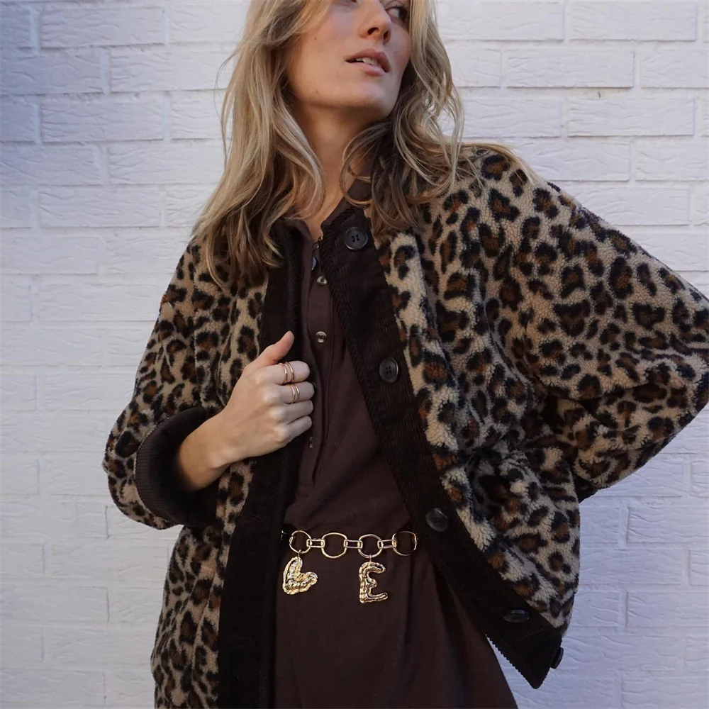Womens Wool Jacket with O-Neck and Leopard Print
