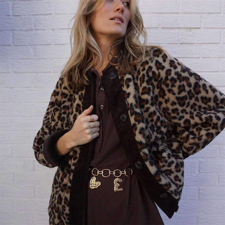 Womens Wool Jacket with O-Neck and Leopard Print