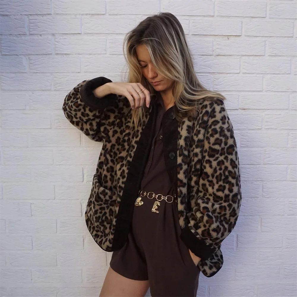 Womens Wool Jacket with O-Neck and Leopard Print