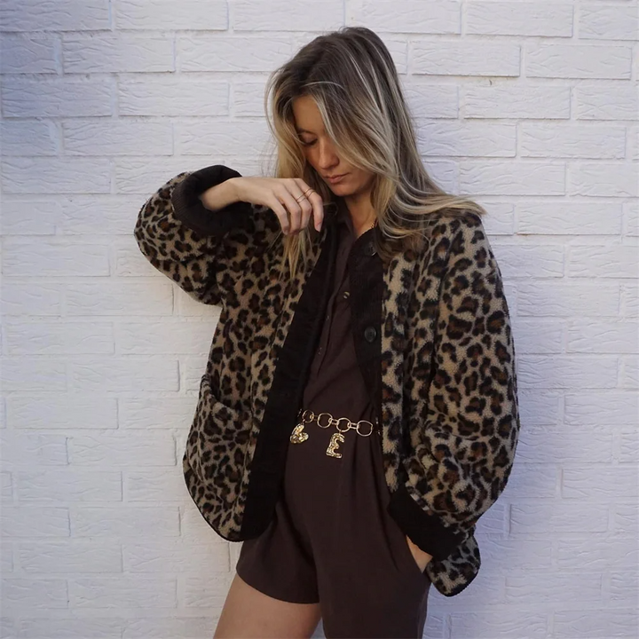 Womens Wool Jacket with O-Neck and Leopard Print