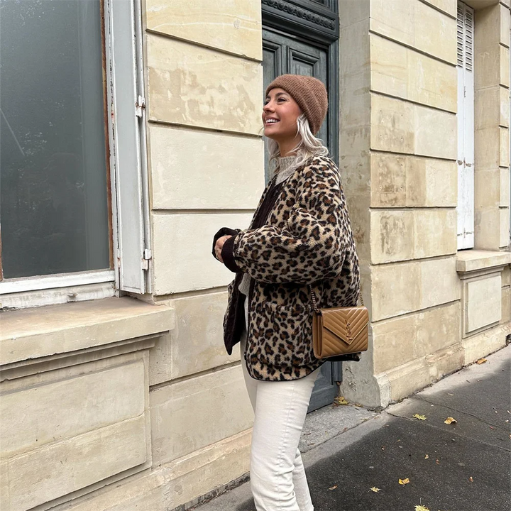 Womens Wool Jacket with O-Neck and Leopard Print
