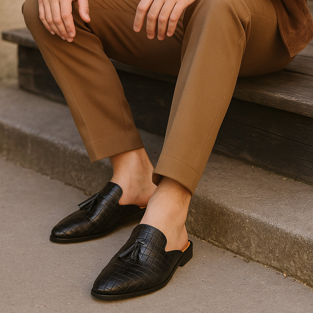Mens Slip-On Mule Shoes Embossed Tassel Design