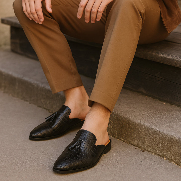 Mens Slip-On Mule Shoes Embossed Tassel Design