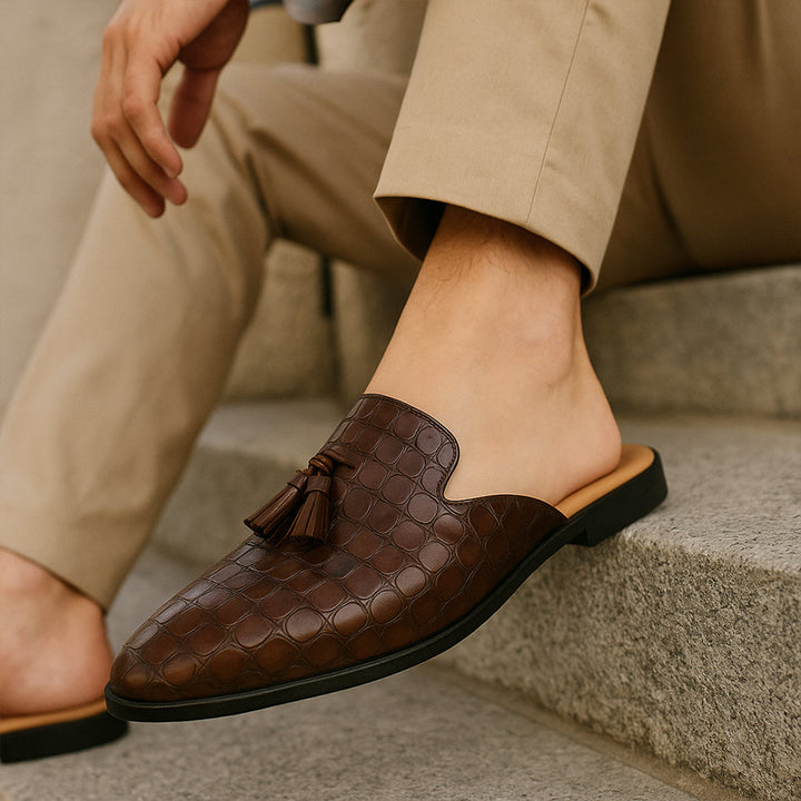 Mens Slip-On Mule Shoes Embossed Tassel Design