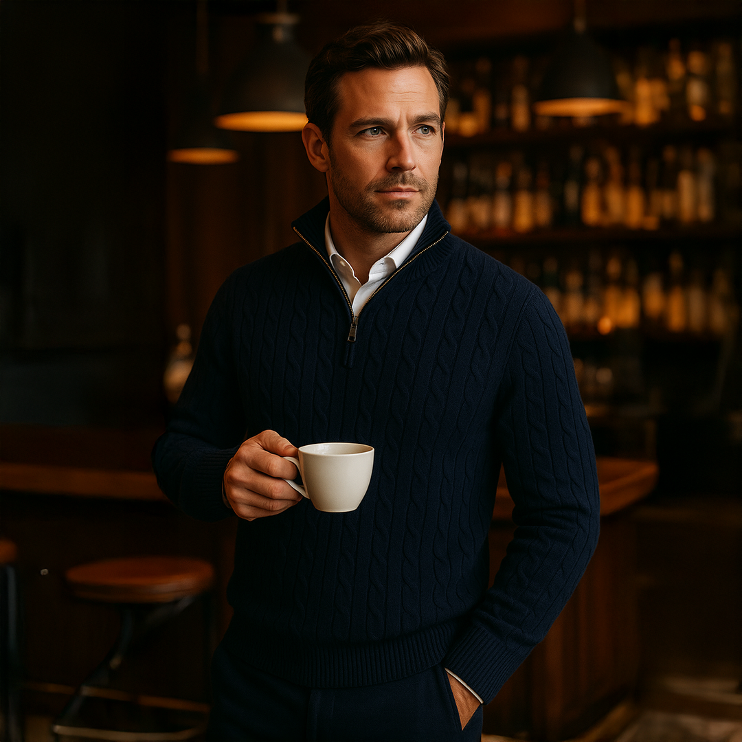 Mens Cable Knit Pullover Quarter Zip Wool Blend