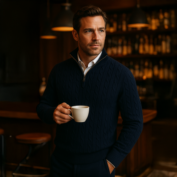 Mens Cable Knit Pullover Quarter Zip Wool Blend