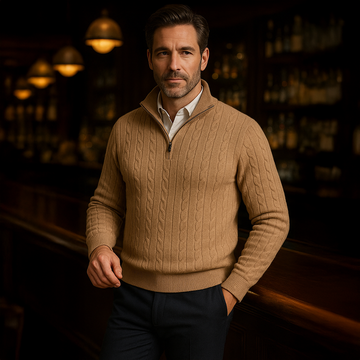 Mens Cable Knit Pullover Quarter Zip Wool Blend