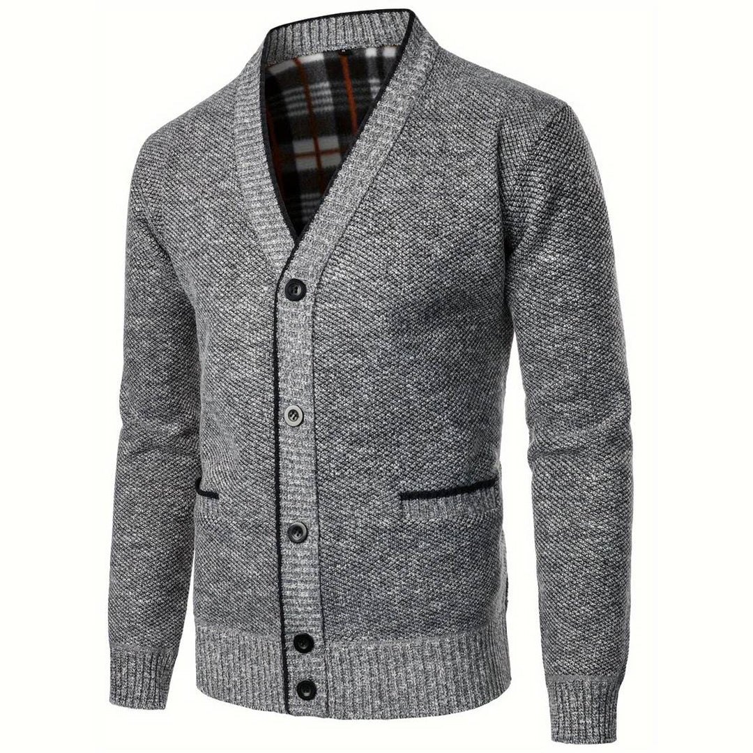 Womens V-Neck Cardigan with Plaid Lining and Pockets