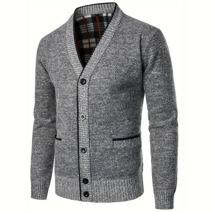 Womens V-Neck Cardigan with Plaid Lining and Pockets
