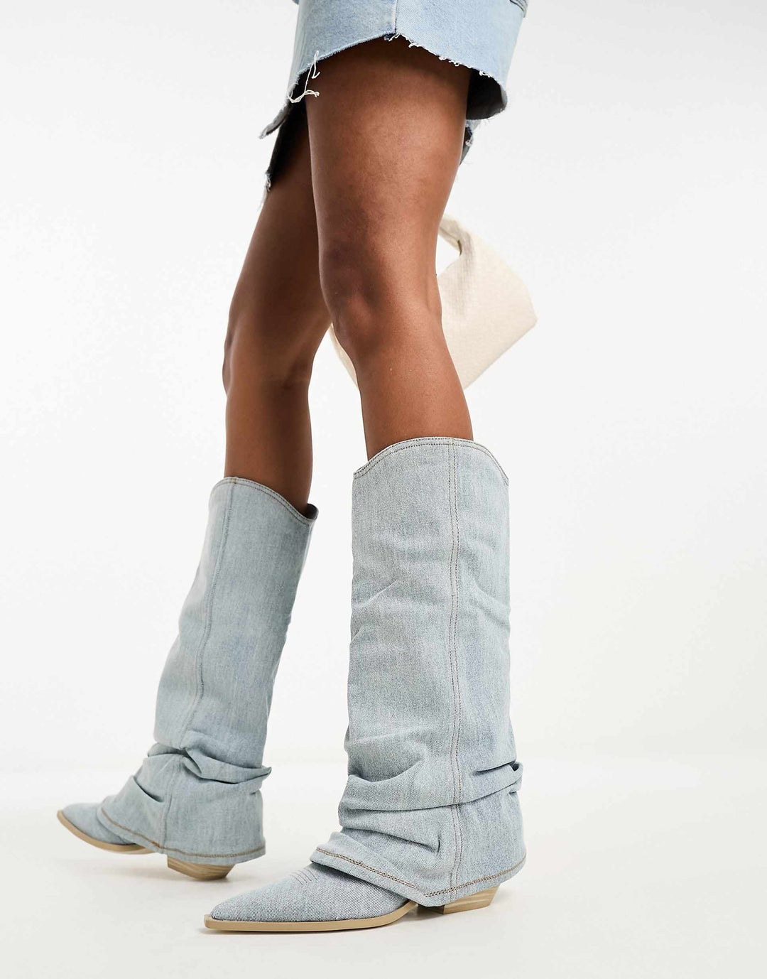 Unisex Denim Cowboy Boots Oversized Shaft Pointed Toe