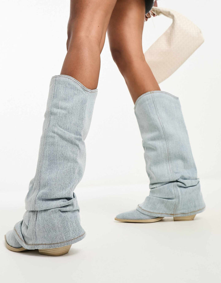 Unisex Denim Cowboy Boots Oversized Shaft Pointed Toe