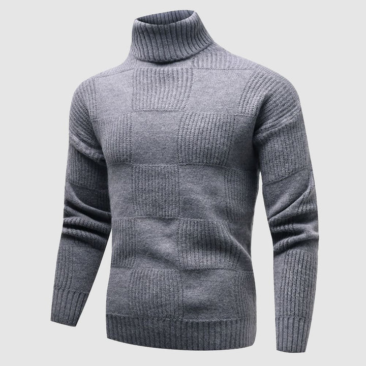 Mens Knit Turtleneck Sweater Checkerboard Textured