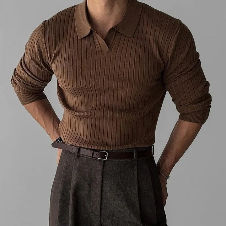 Mens Long Sleeve Polo Shirt V-Neck Collar Easy Movement