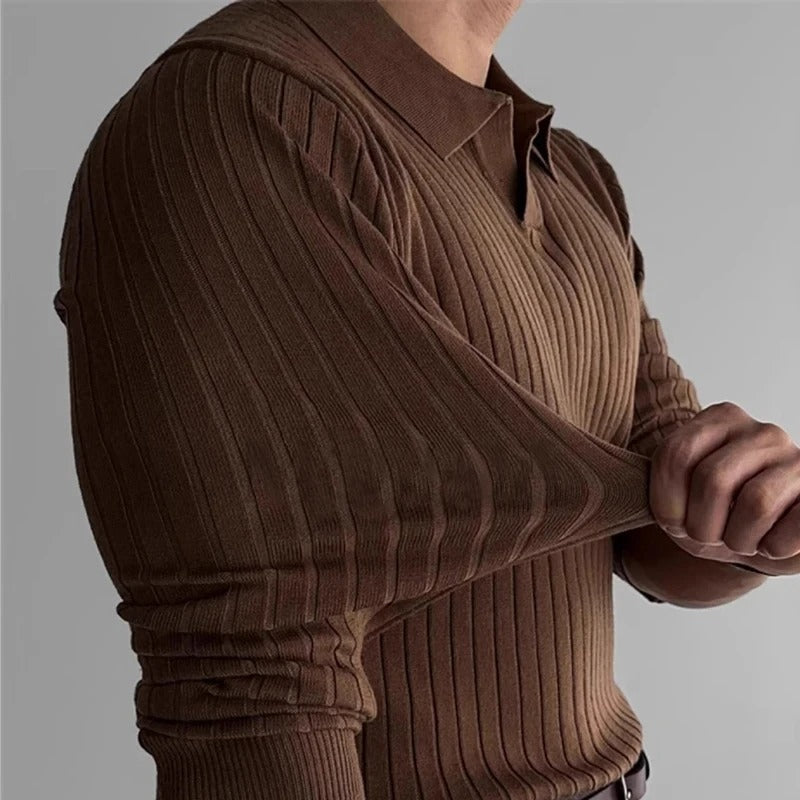 Mens Long Sleeve Polo Shirt V-Neck Collar Easy Movement