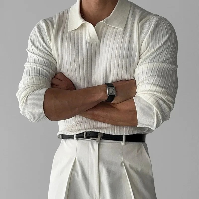 Mens Long Sleeve Polo Shirt V-Neck Collar Easy Movement
