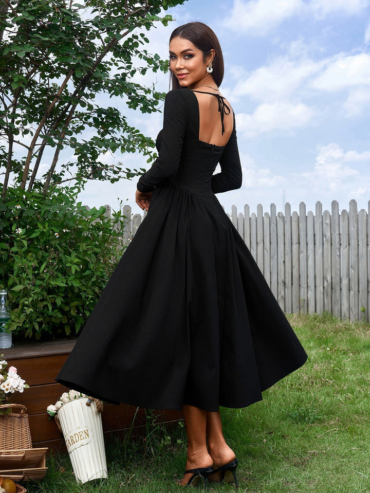 Womens A-Line Maxi Dress Long Sleeve Tie Back Sweetheart Neckline