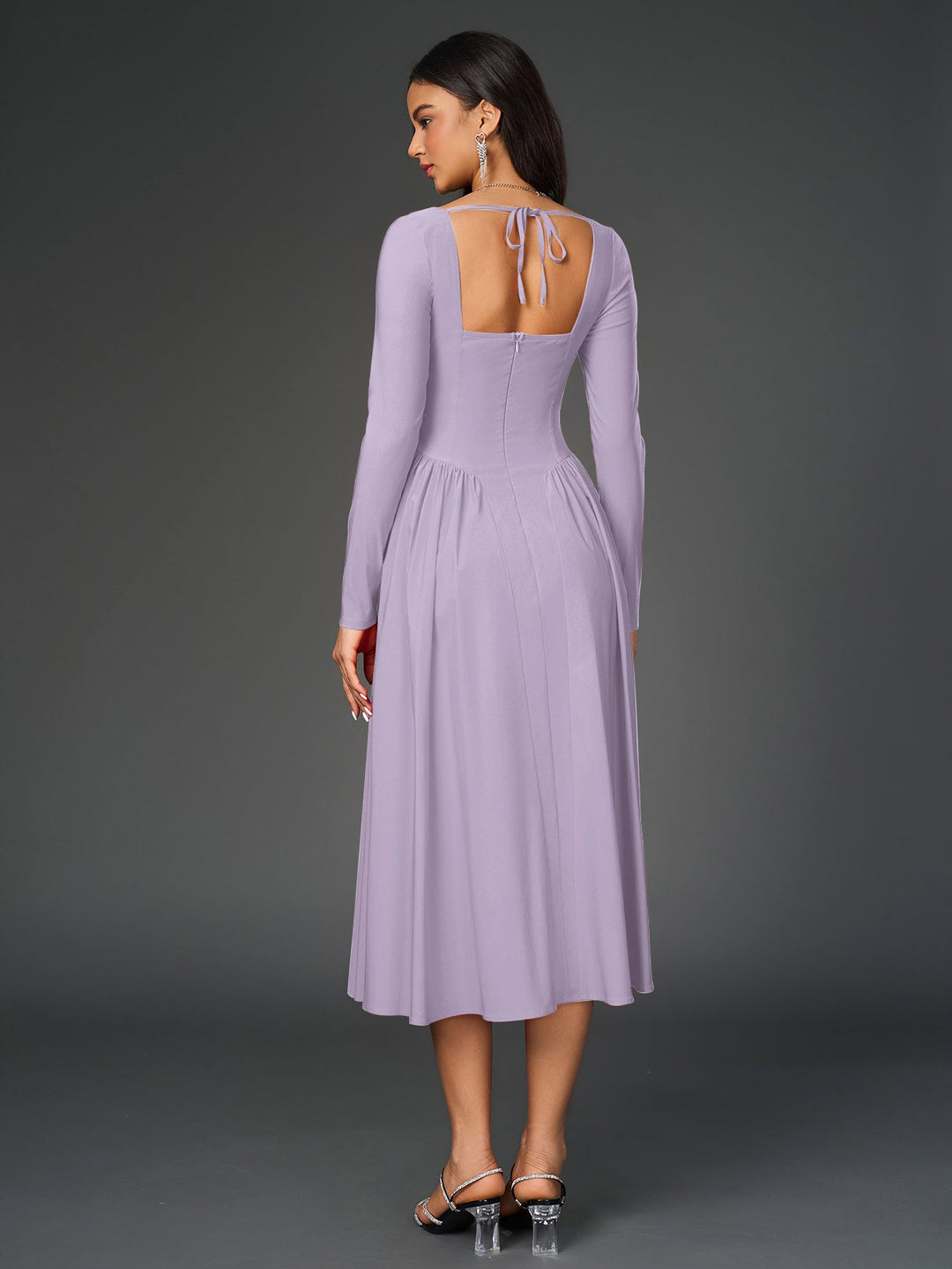 Womens A-Line Maxi Dress Long Sleeve Tie Back Sweetheart Neckline