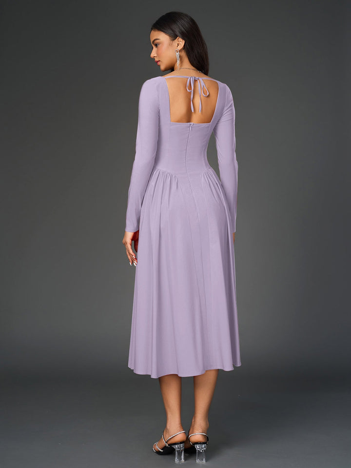 Womens A-Line Maxi Dress Long Sleeve Tie Back Sweetheart Neckline