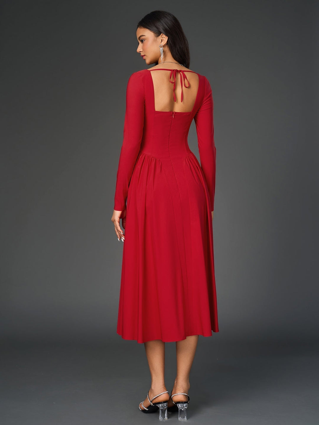 Womens A-Line Maxi Dress Long Sleeve Tie Back Sweetheart Neckline