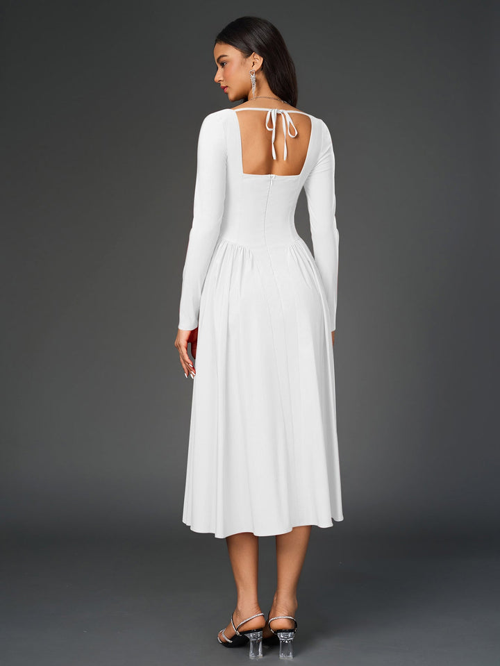 Womens A-Line Maxi Dress Long Sleeve Tie Back Sweetheart Neckline