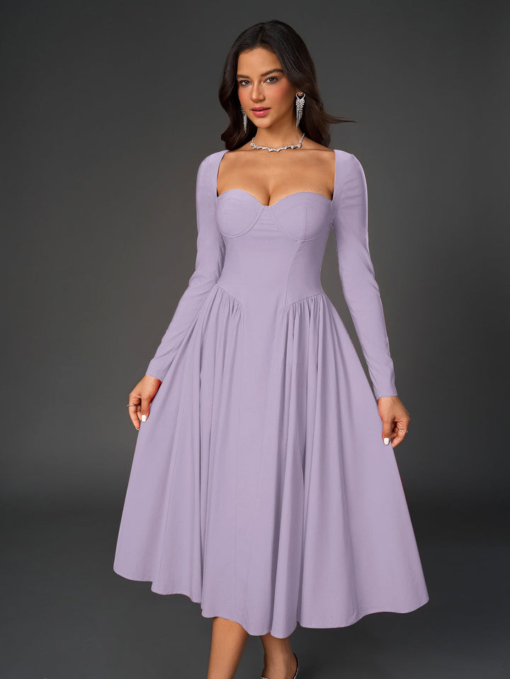 Womens A-Line Maxi Dress Long Sleeve Tie Back Sweetheart Neckline