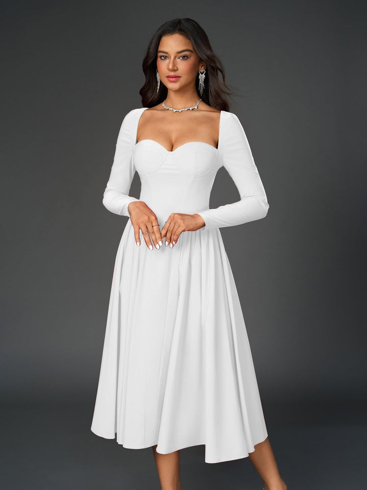 Womens A-Line Maxi Dress Long Sleeve Tie Back Sweetheart Neckline