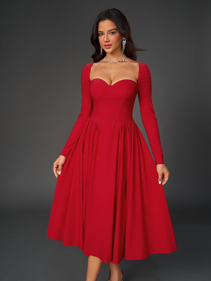 Womens A-Line Maxi Dress Long Sleeve Tie Back Sweetheart Neckline