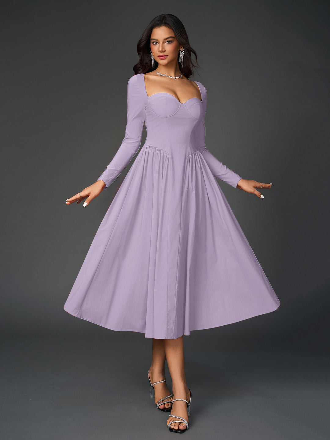 Womens A-Line Maxi Dress Long Sleeve Tie Back Sweetheart Neckline