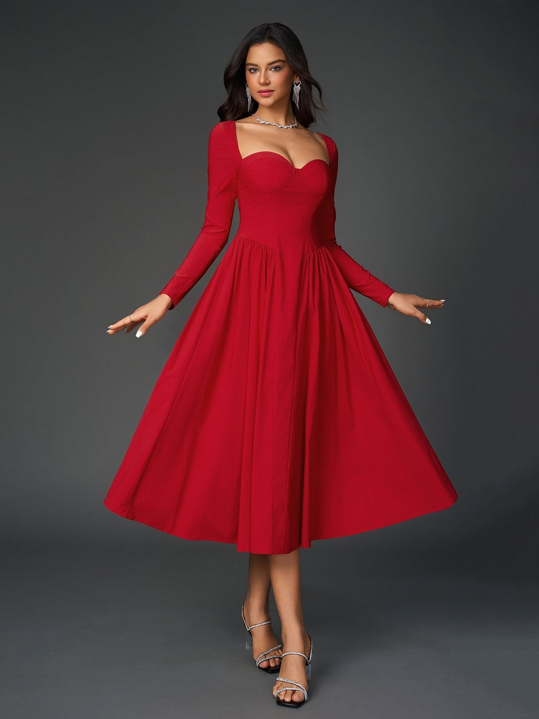 Womens A-Line Maxi Dress Long Sleeve Tie Back Sweetheart Neckline