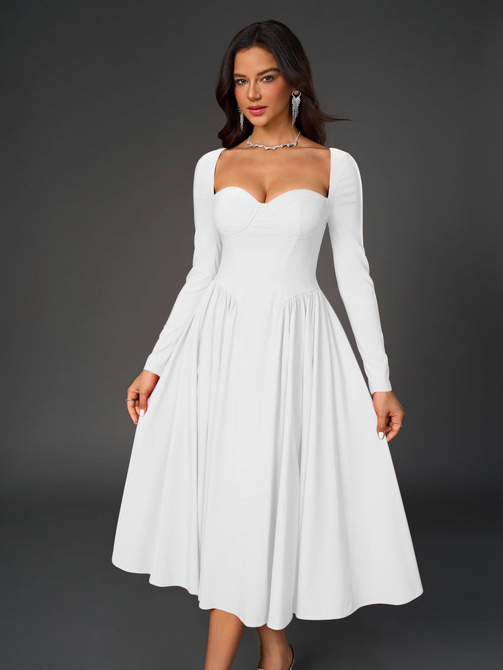 Womens A-Line Maxi Dress Long Sleeve Tie Back Sweetheart Neckline
