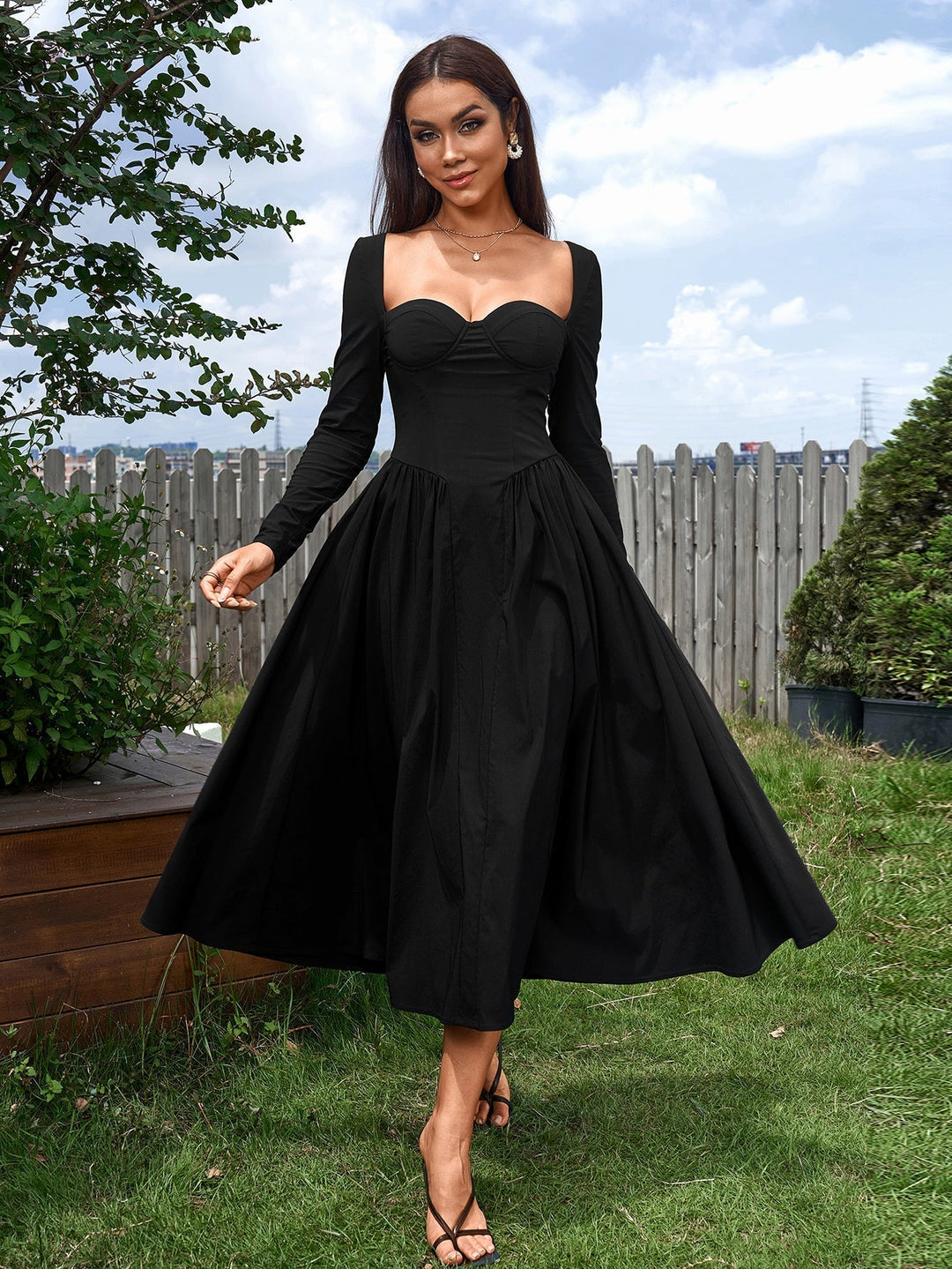 Womens A-Line Maxi Dress Long Sleeve Tie Back Sweetheart Neckline