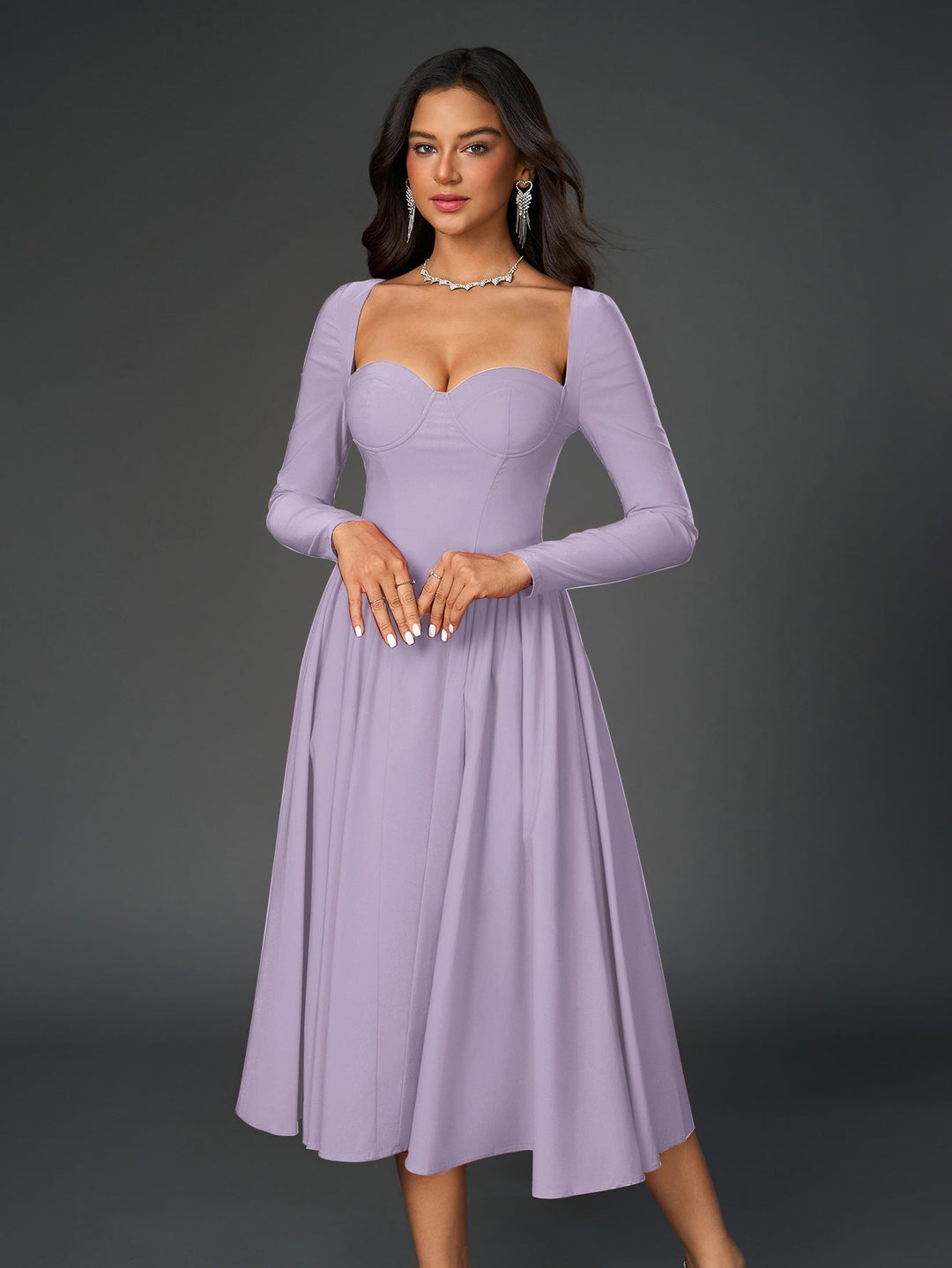 Womens A-Line Maxi Dress Long Sleeve Tie Back Sweetheart Neckline