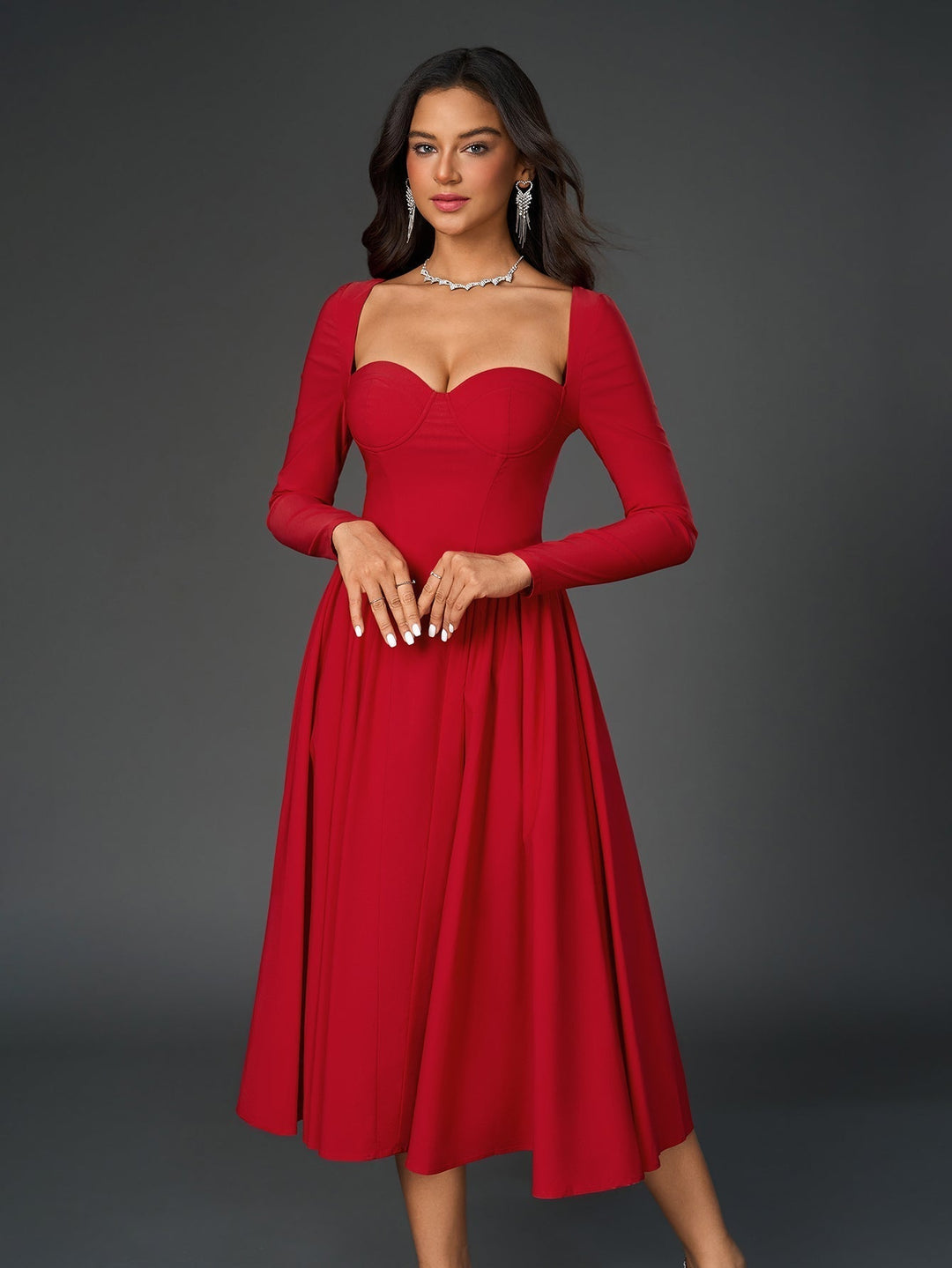 Womens A-Line Maxi Dress Long Sleeve Tie Back Sweetheart Neckline - BritishMode