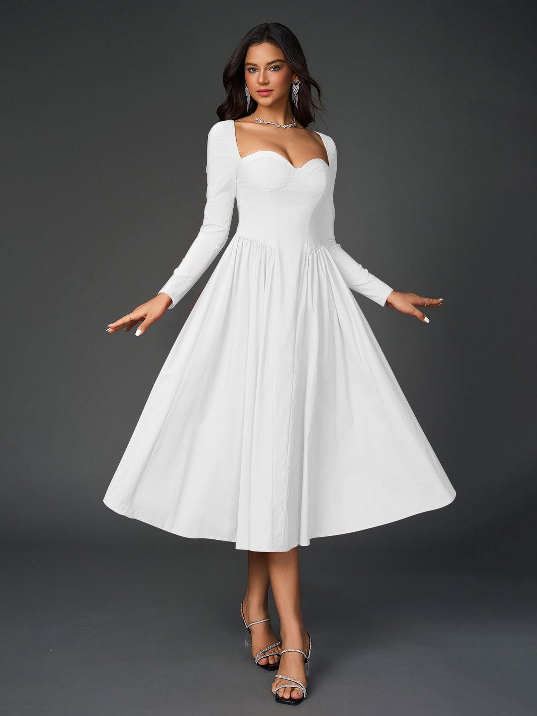 Womens A-Line Maxi Dress Long Sleeve Tie Back Sweetheart Neckline
