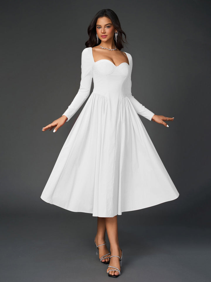 Womens A-Line Maxi Dress Long Sleeve Tie Back Sweetheart Neckline