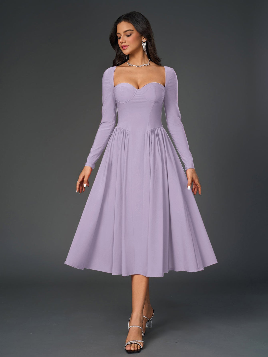 Womens A-Line Maxi Dress Long Sleeve Tie Back Sweetheart Neckline