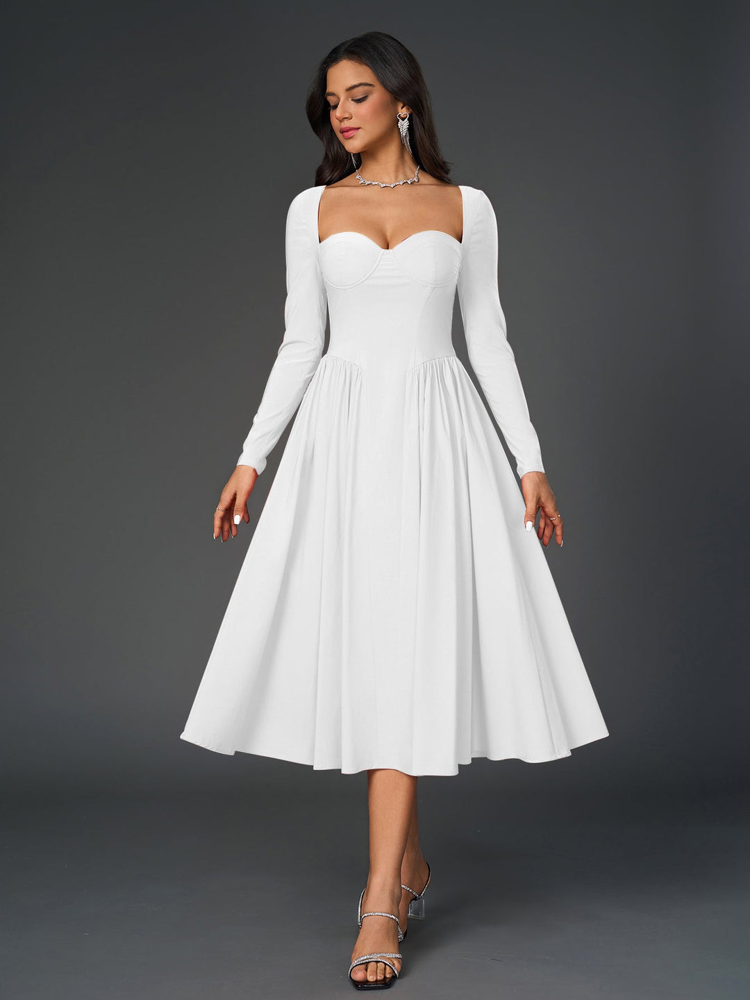 Womens A-Line Maxi Dress Long Sleeve Tie Back Sweetheart Neckline