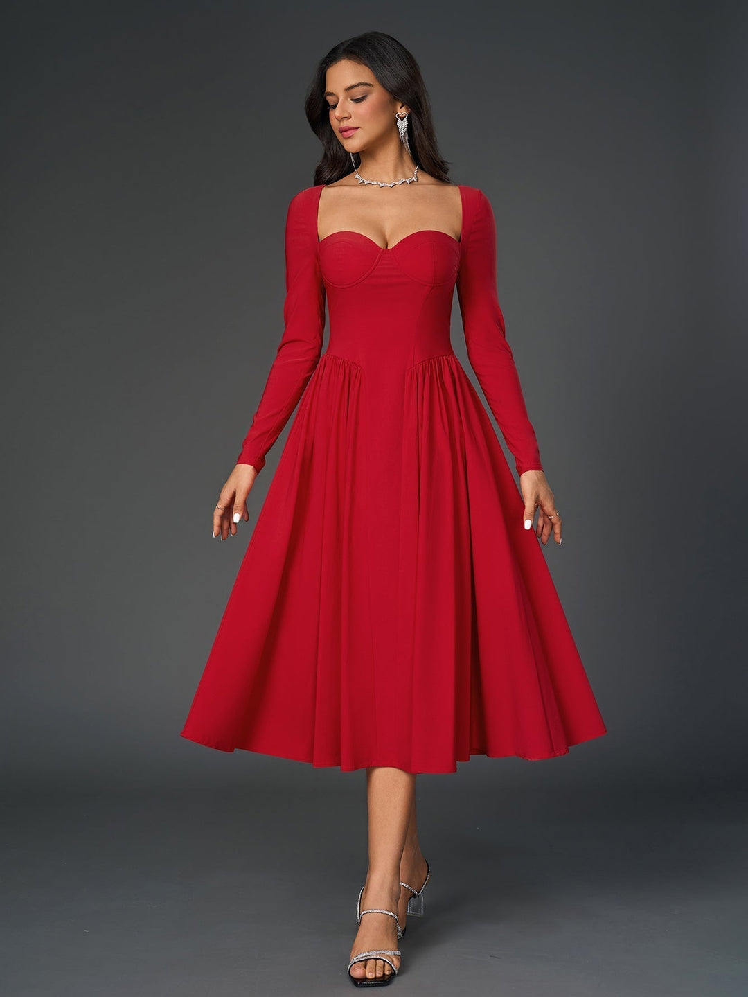 Womens A-Line Maxi Dress Long Sleeve Tie Back Sweetheart Neckline