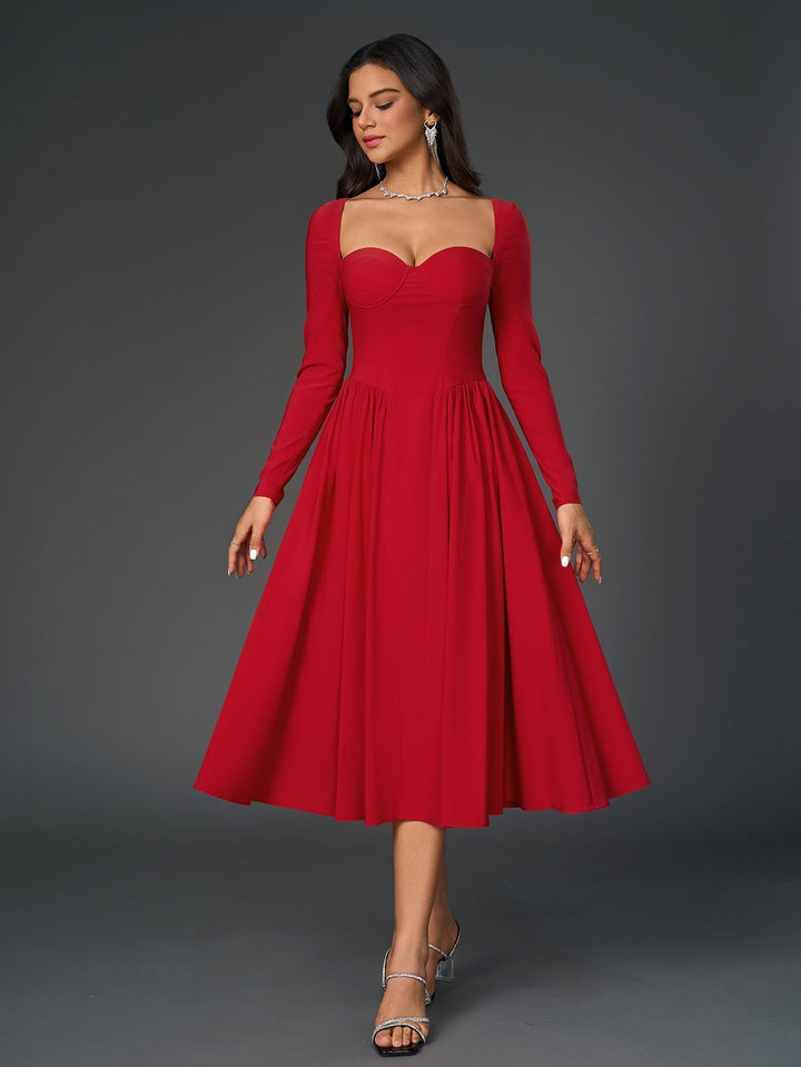 Womens A-Line Maxi Dress Long Sleeve Tie Back Sweetheart Neckline